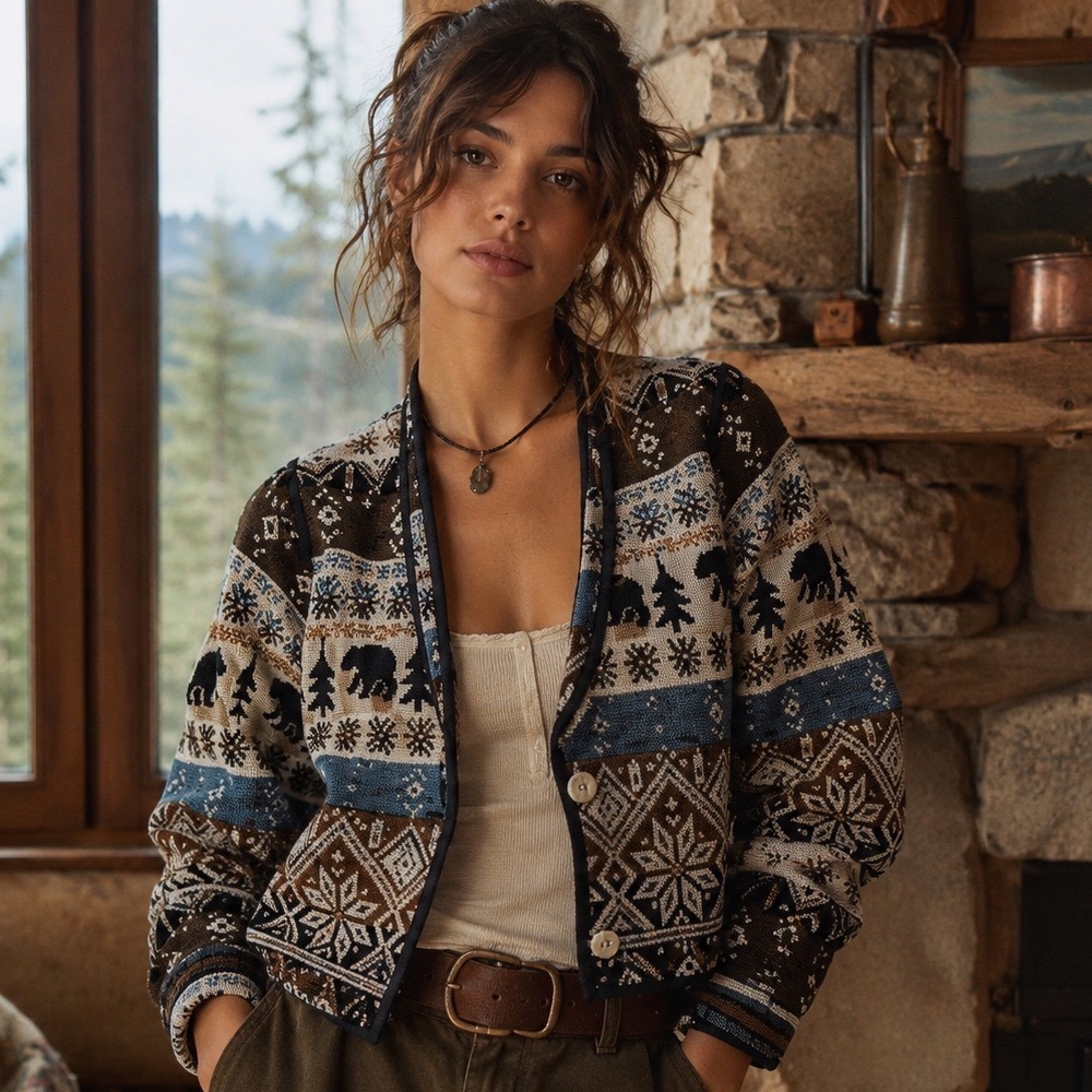 VTG Flashback Boho Tapestry Jacket Womens Small Blazer Bear Outdoors Retro 90s